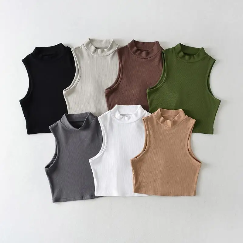 

Summer New Retro Small High Neck Vest Elastic Slim Fit And Slimming Short Style Exposed Navel Sleeveless Sports Top