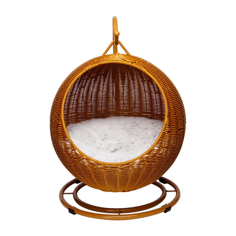

Wicker Pet Bed for Cats and Dogs Hanging Cat Hammock Basket Elevated Summer Cool Nest Rattan Mat Four Seasons with Soft Cushion
