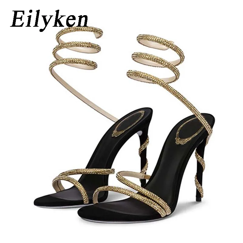 Eilyken-Sandalias de Punta abierta con diamantes de imitación de cristal para mujer, zapatos de tacón alto fino, Sexy, con correa en el tobillo,