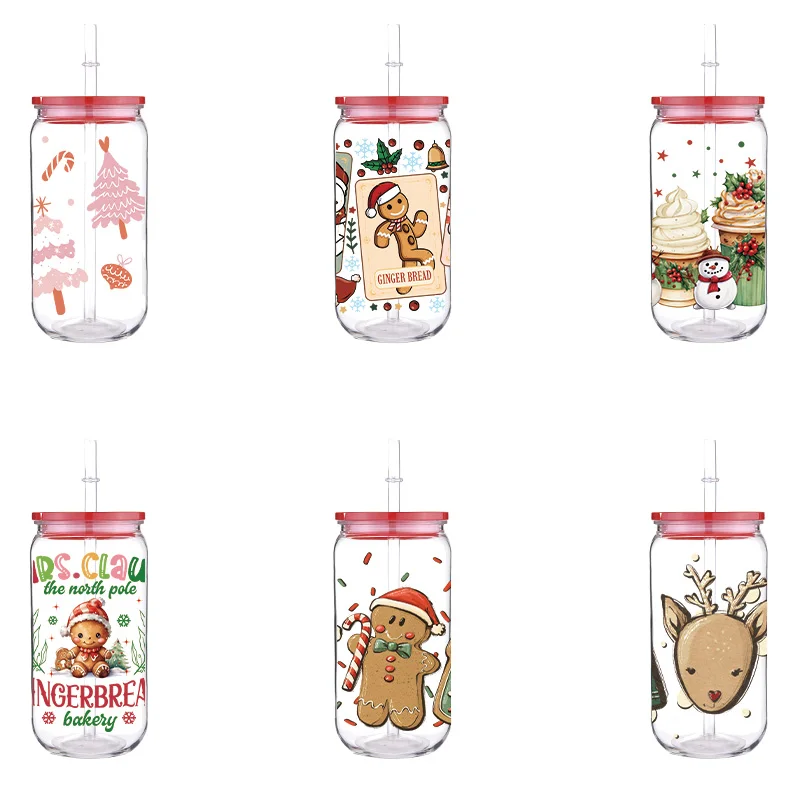 

Christmas 16oz Printed PET Cup With Straw Red Lid Cartoon Gingerbread Man Design Fashion Cup Can Hold Coffee Milk Juice