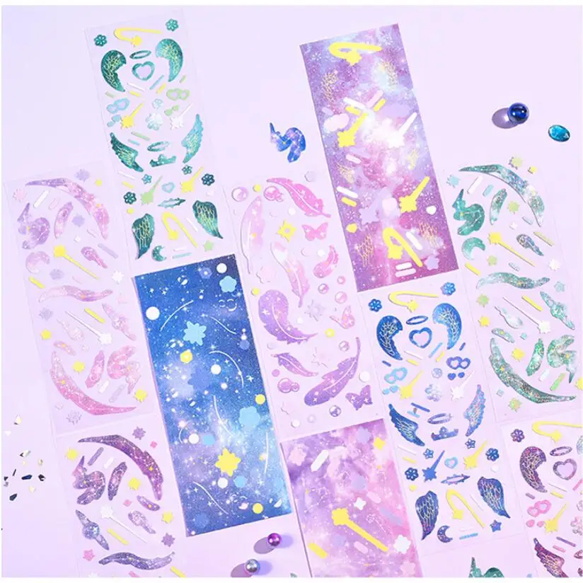 2Sheet Stickers Romantic Shiny dreamy gradient diy Color feather Decorative scrapbook night sky stars 168*65mm