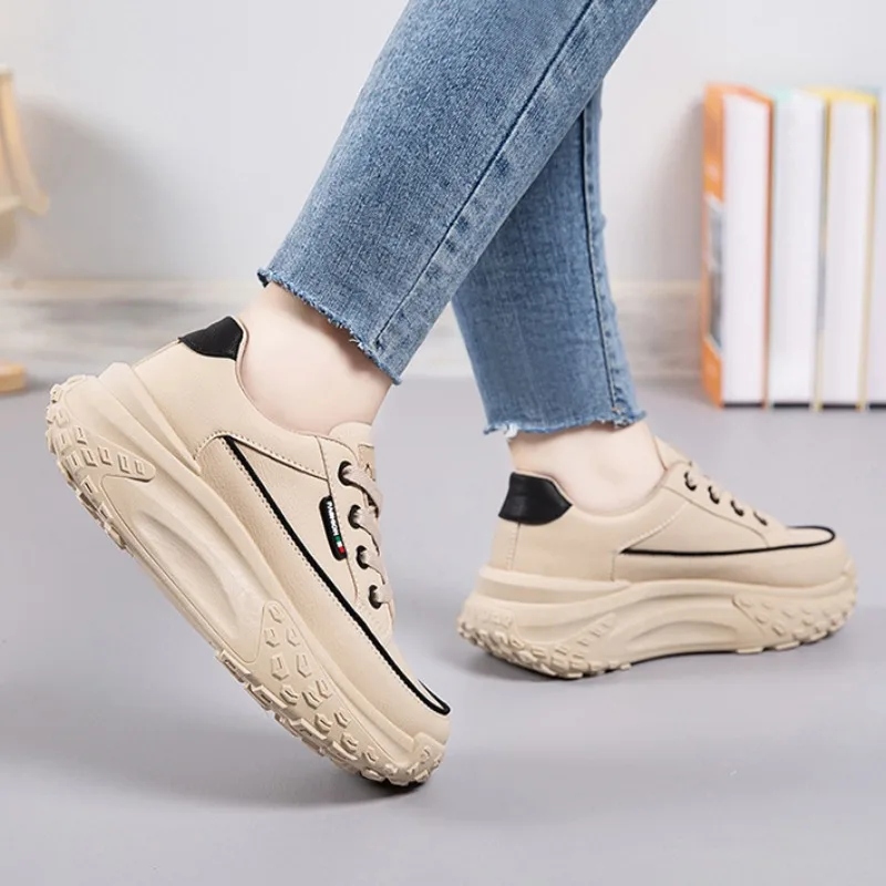 Zapatillas de plataforma para mujer, zapatos informales versátiles a la moda, antideslizantes, con cordones, tenis para correr, suela gruesa, vulcanizados, otoño