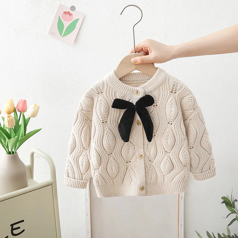 Baby Girls Sweater Cable-knit Fashion Knitted Cardigan Knitwear Bow-tie Children Princess Girl Autumn Winter Sweaters HY07201