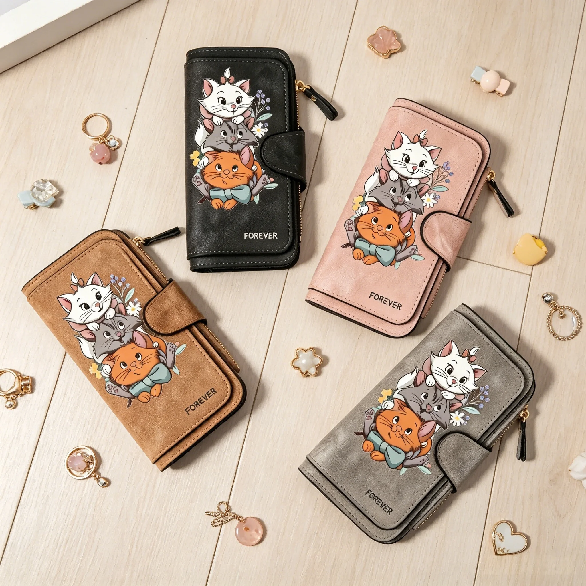 1PCS Cartera larga con cremallera de Minnie con múltiples ranuras para tarjetas, bonita cartera de dibujos animados de tres gatos Lilo y Stitch, cartera de gran capacidad