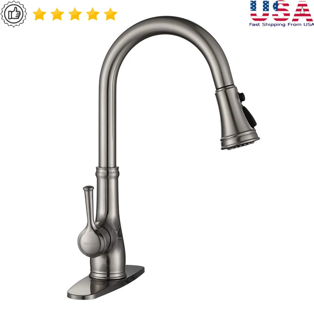 Brushed Nickel Stainless Steel Kitchen Faucet with Pull Down Sprayer Eco-Friendly Lead-Free Single Handle Faucet Healthy Water