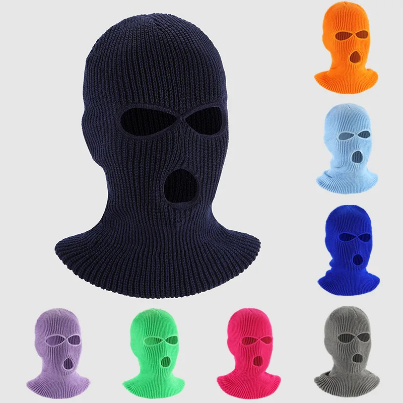 

Motorcycle Windproof Full Face Knit Hats Custom SkiMask Men Warm Wool Balaclava embroidery Winter hats Knitted 3 Holes Ski Mask