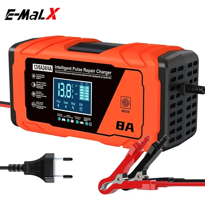 

12V 24V 8A 4A Battery Charger Smart Fast Charging for Car Batteries 8-Stage Charge Pulse Repair for AGM GEL WET Lead Acid