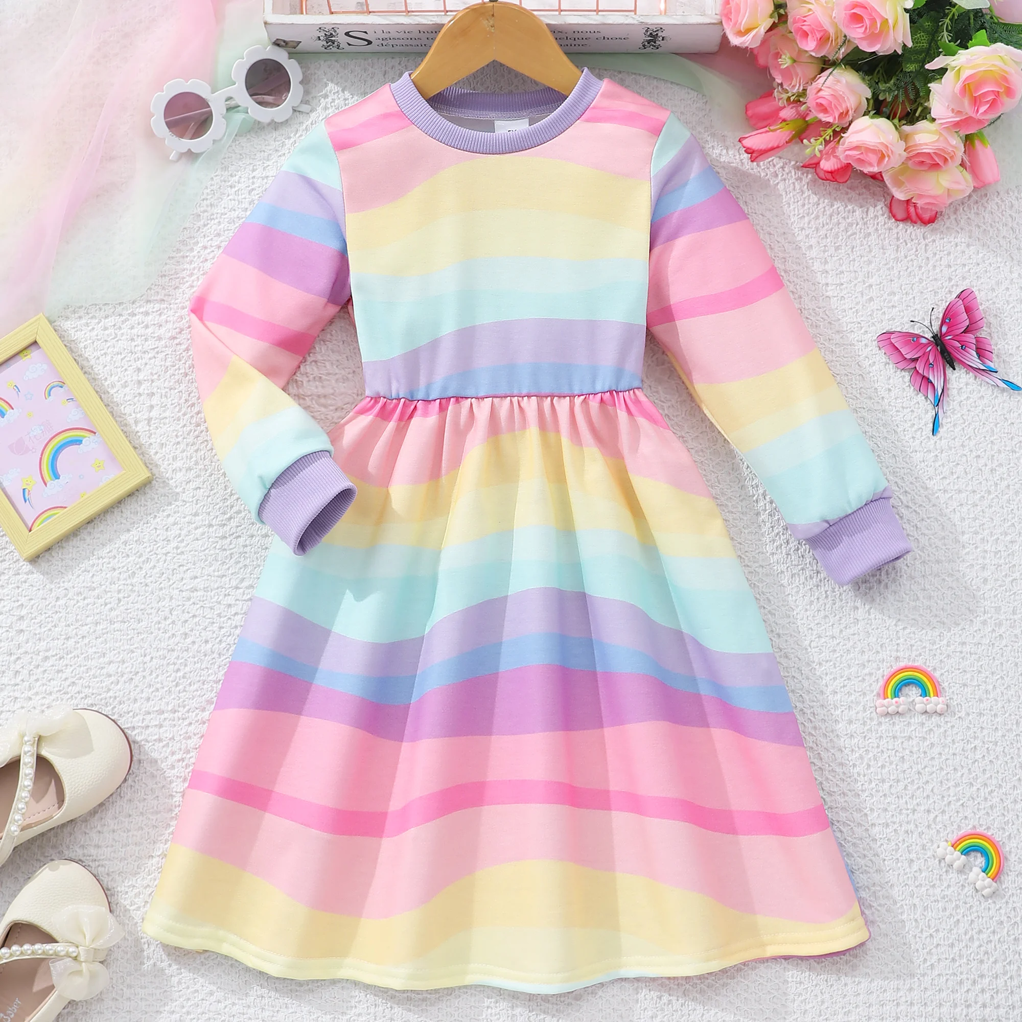 

Girls' long sleeved round neck rainbow striped dress