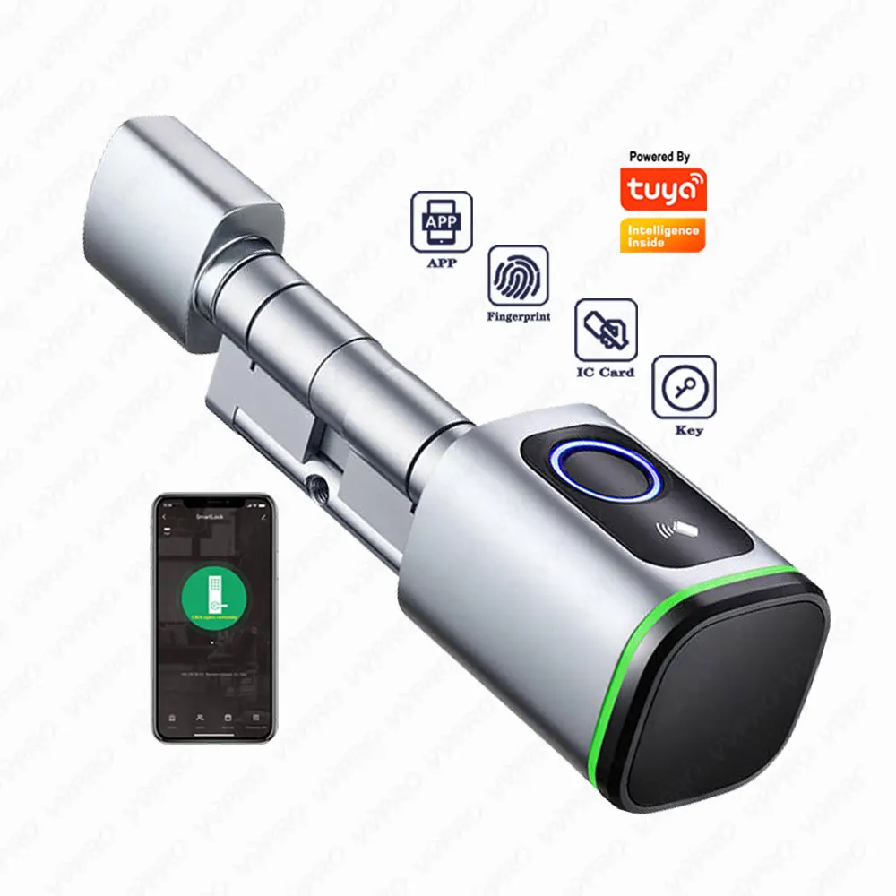 

TUYA APP OEM Euro Cylinder Fingerprint Rfid Card Digital Adjustable Cylinder Size TUYA APP Smart Lock VVPRO S1