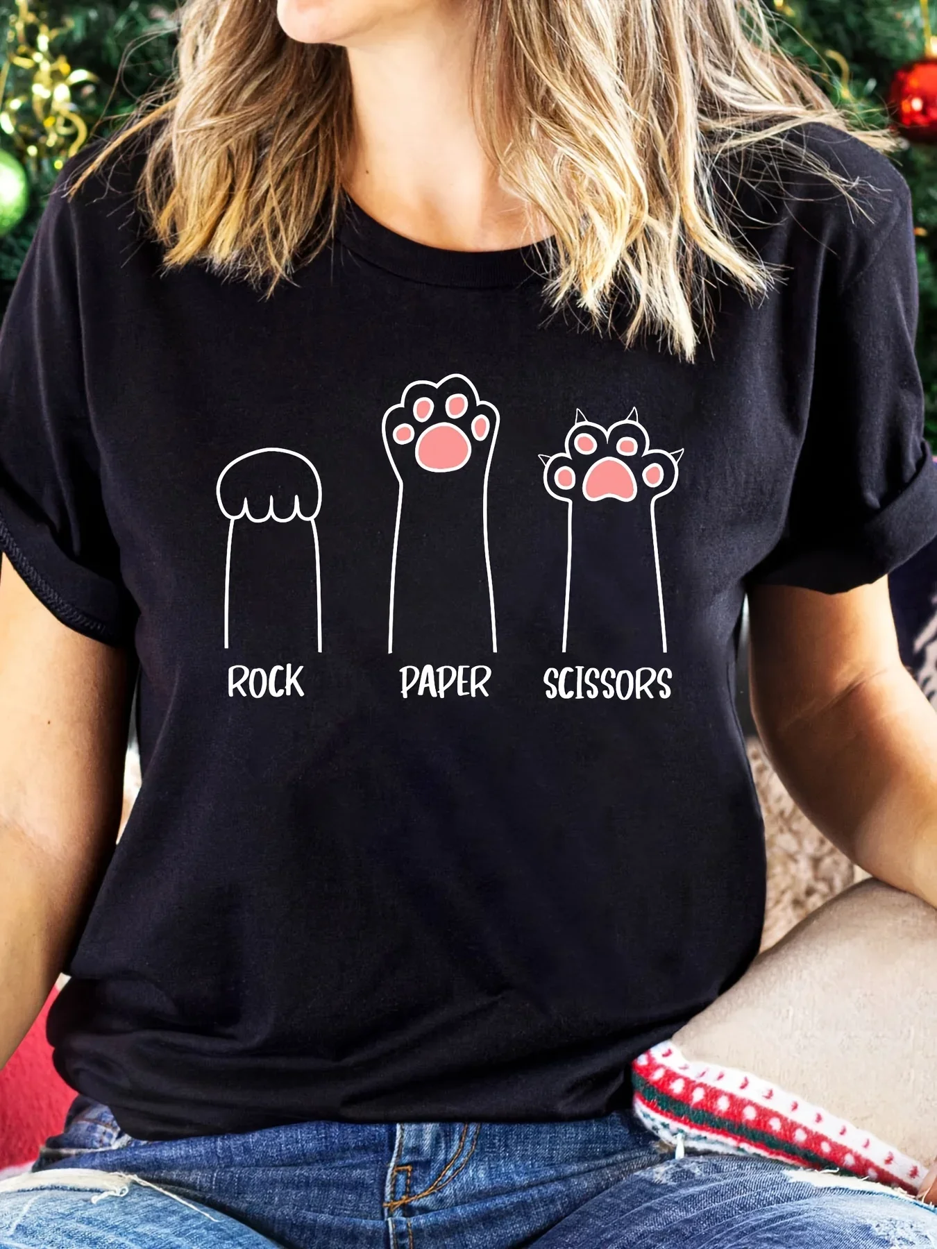 

T-Shirt for Spring & Summer Women's Clothing Paw Print Crew Neck T-Shirt Casual Short Sleeve Aesthetic Clothes
