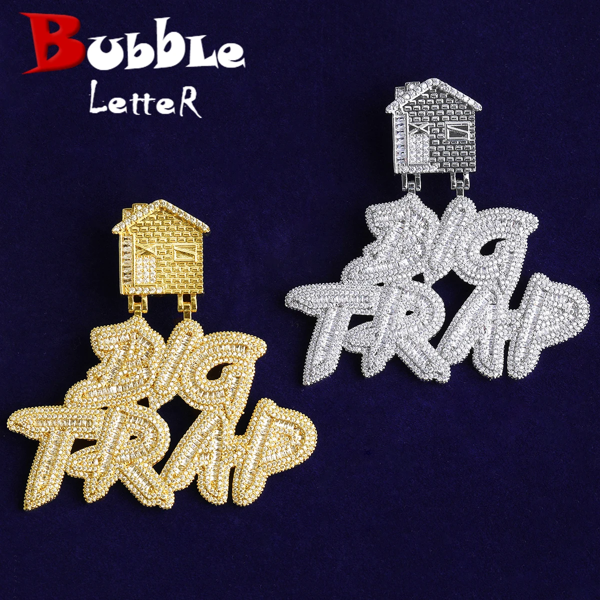 Bubble Letter Iced Out Big Trap House Bail Necklace Pendant for Men Real Gold Plated 5A Cubic Zirconia Hip Hop Jewelry