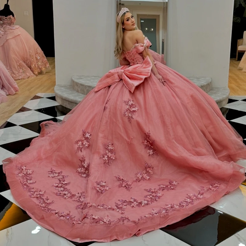 Pink Shiny Ball Gown Quinceanera Dresses 2026 Applique Lace Beads Crystal Bow Tull Sweet 16 Dress Formal Party Vestidos 15 De XV