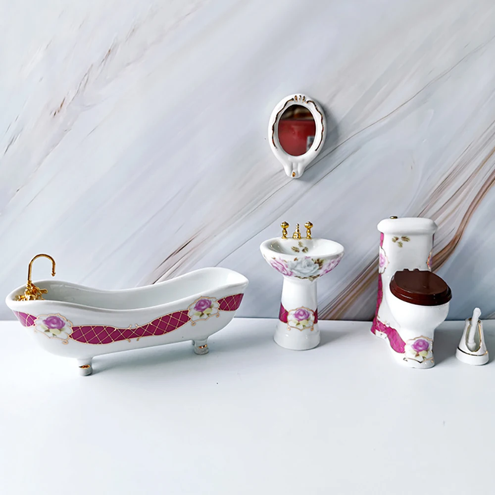 

1/12 Dollhouse Miniature Bathroom Set Mini Bathtub Mirror Wash Basin Model for Doll House Accessories Decoration ob11 bjd