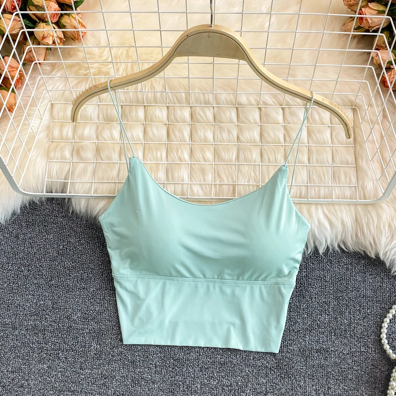 Dames Crop Tops Sexy Effen Kleur Hemdje Ijs Zijde Buis Top Naadloze Sport Tank Top Draadloos Ondergoed Gewatteerd Bh Bralette Vest