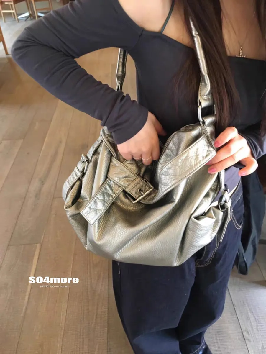 

Large Capacity Soft Pu Leather Simple Casual Lazy Style Retro Motorcycle Single Shoulder Crossbody Tote Bag Woman