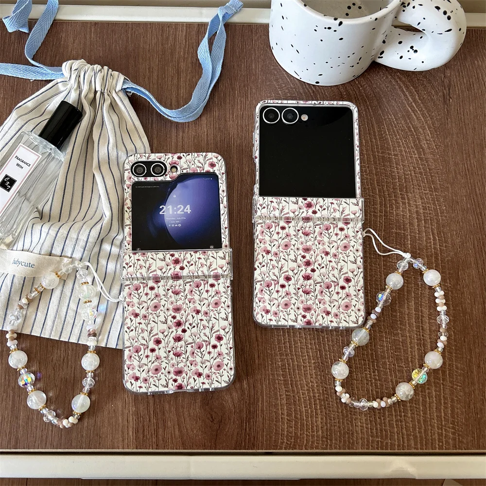Fresh Minimalist Delicate Pink Tiny Flower Printed Phone Case for Samsung Galaxy Z Flip 7-3 Crystal Bead Strap Protective Cover
