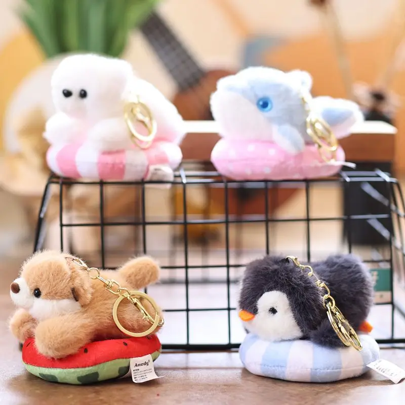 14CM Swimming Circle Marine Animal Penguin Dolphin Doll Keychain Pendant Backpack Hangings Decoration Children Plush Stuffed Toy