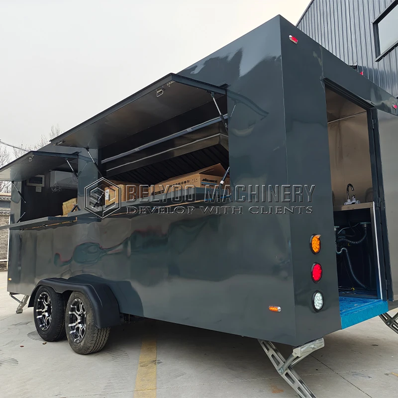 Belyoo Fast Food Cart Mobile Kitchen Hot Dog Pizza Food Truck BBQ Fast Food Trailer Restaurant Taco Cart Concession Food Trailer