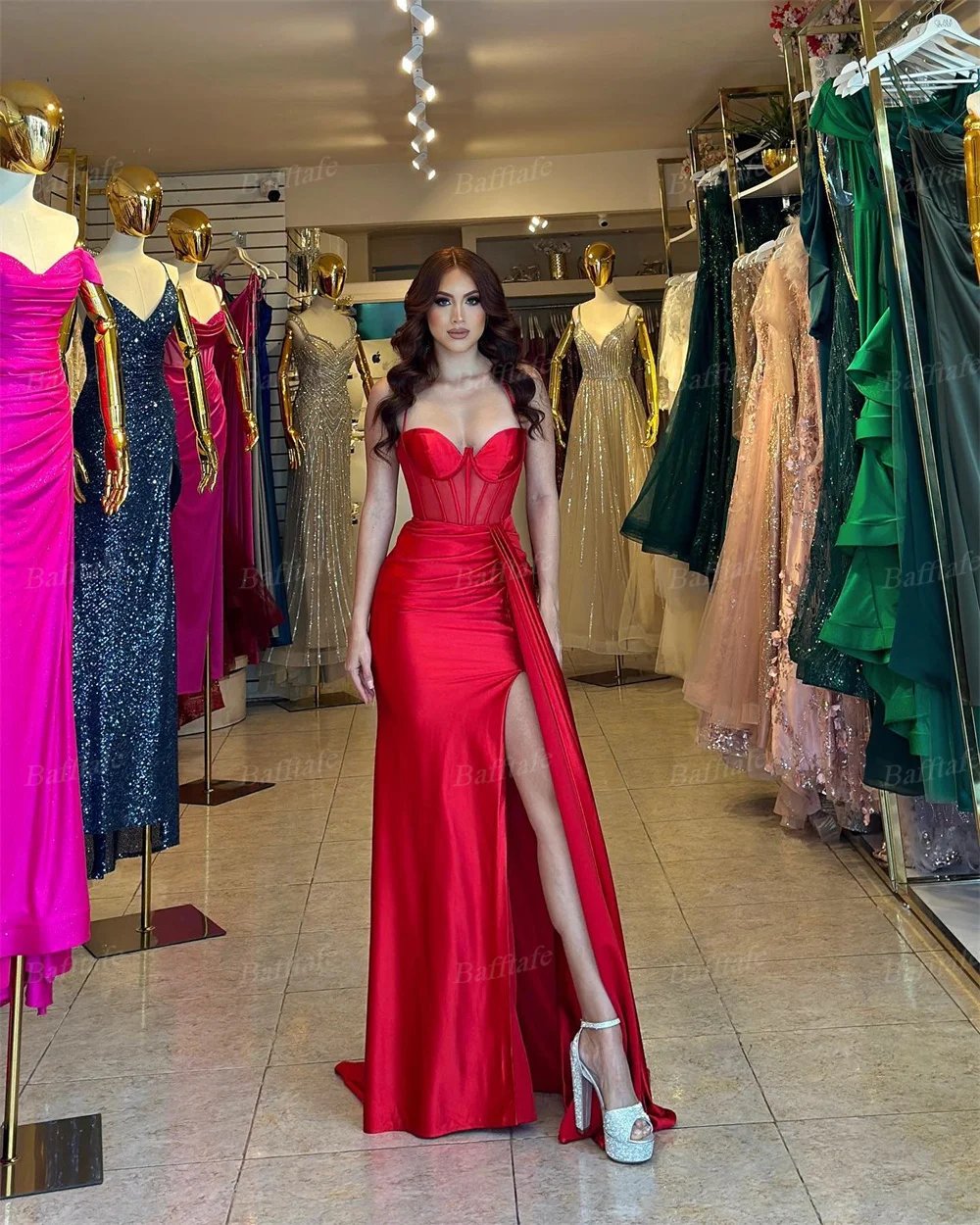 Bafftafe Simple Red Mermaid Formal Evening Dresses For Women Customized Straps Split Transparent Satin Evening Dress Party Gowns