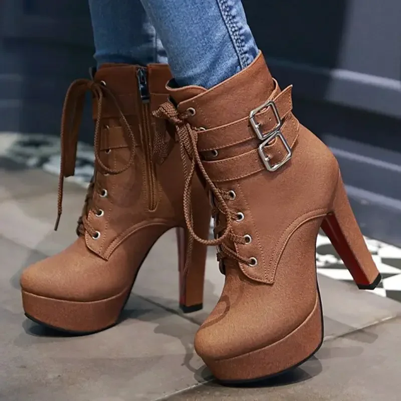 BLXQPYT Ankle Boots Women Fashion Round Toe Cross Tied Zippe High Heels Autumn Winter Party Dress Platform Boots Big Size 50 X-2