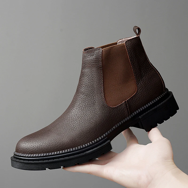 Luxury Brand Leather Business High Top Boots Outdoor Thick Soled Walking Man Leisure Boots Winter Velvet Warm Mens Chelsea Boots