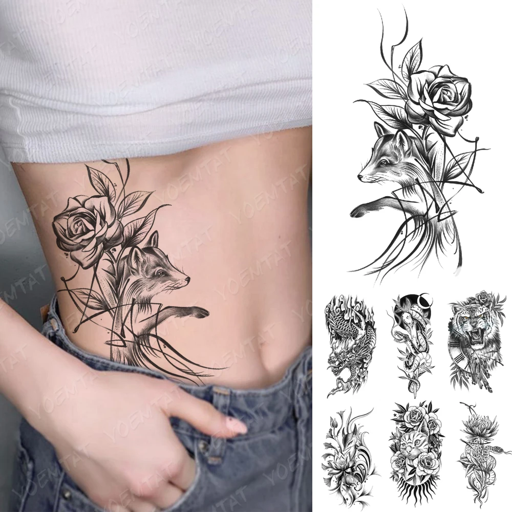 

Waterproof Temporary Tattoo Sticker Sketch Fox Wolf Tiger Lion Lotus Arm Waist Flash Tatoo Sexy Women Body Art Fake Tattoos Men