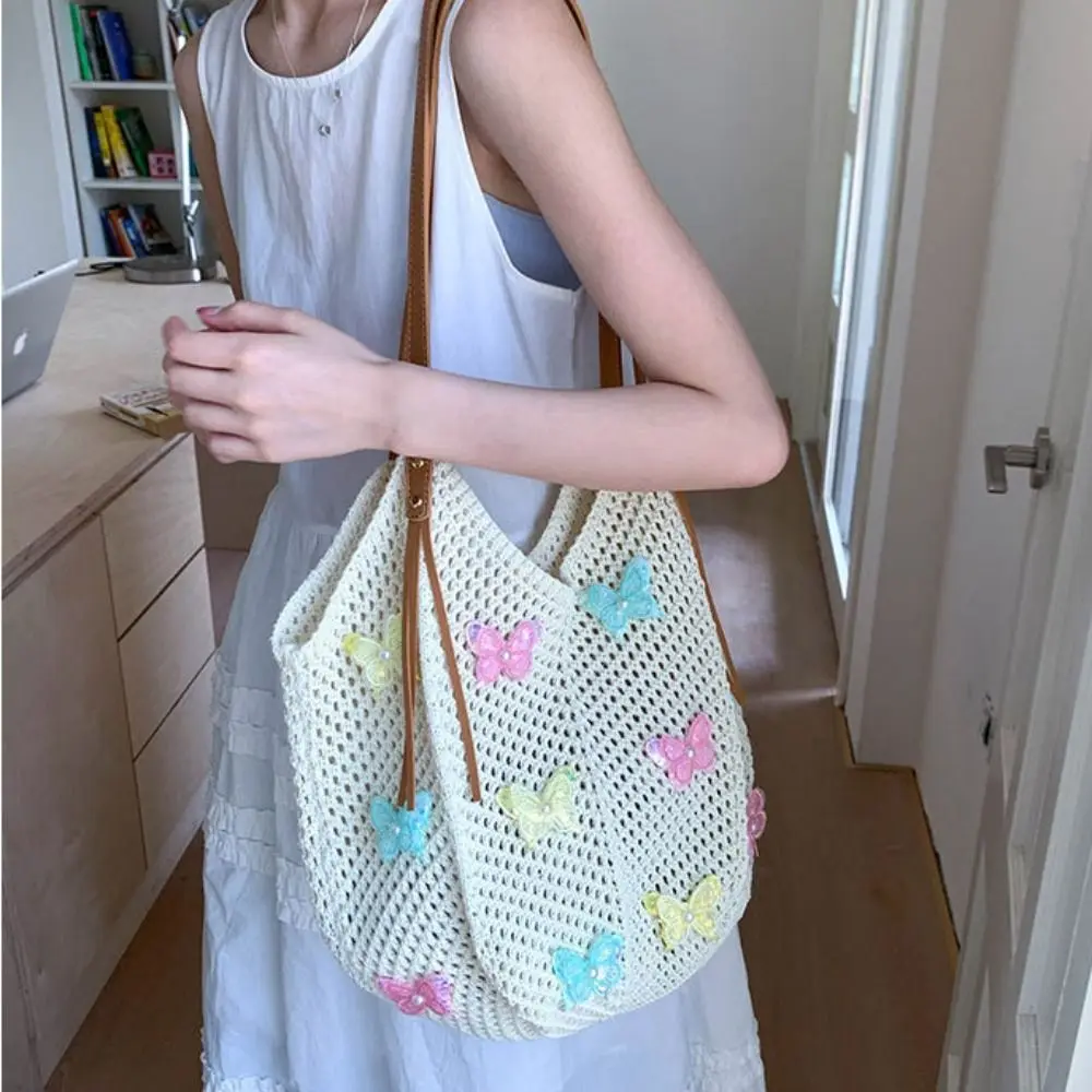 

Вязаная сумка с бабочкой, большая сумка, пляжная сумка в богемном стиле, большая вместительная пляжная сумка, полая сумка на плечо для покупок