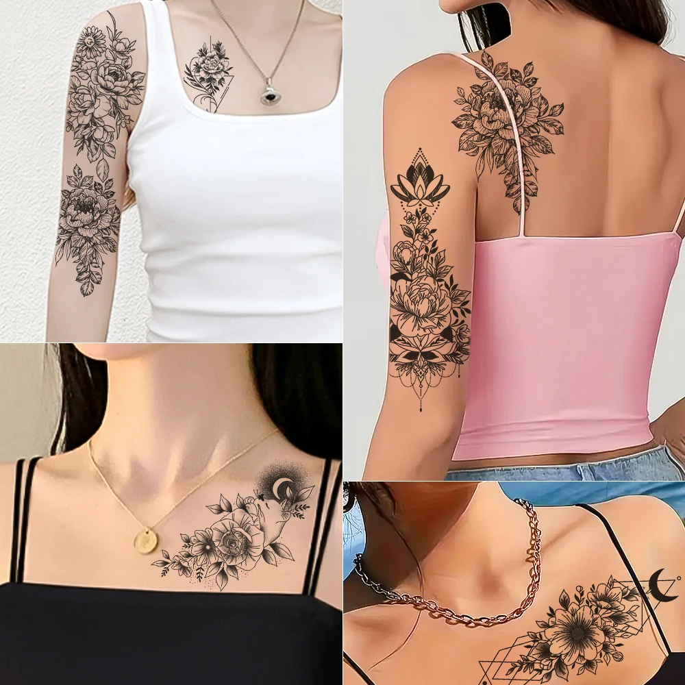 

30/35pc Large Size Black Flower Fake Tattoo Rose Peony WaterTransfer Sticker Women Body Arm Decal Long Lasting Waterproof Tattoo