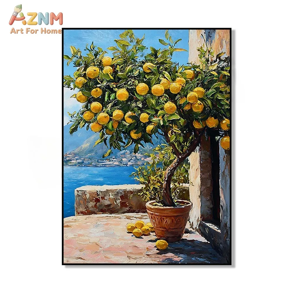 AZNM Mediterranean Blue Window Lemon Tree Canvas Wall Art Seaside Coast Summer Scenery Oil Painting Print Unframed Canvas Kitche view 4