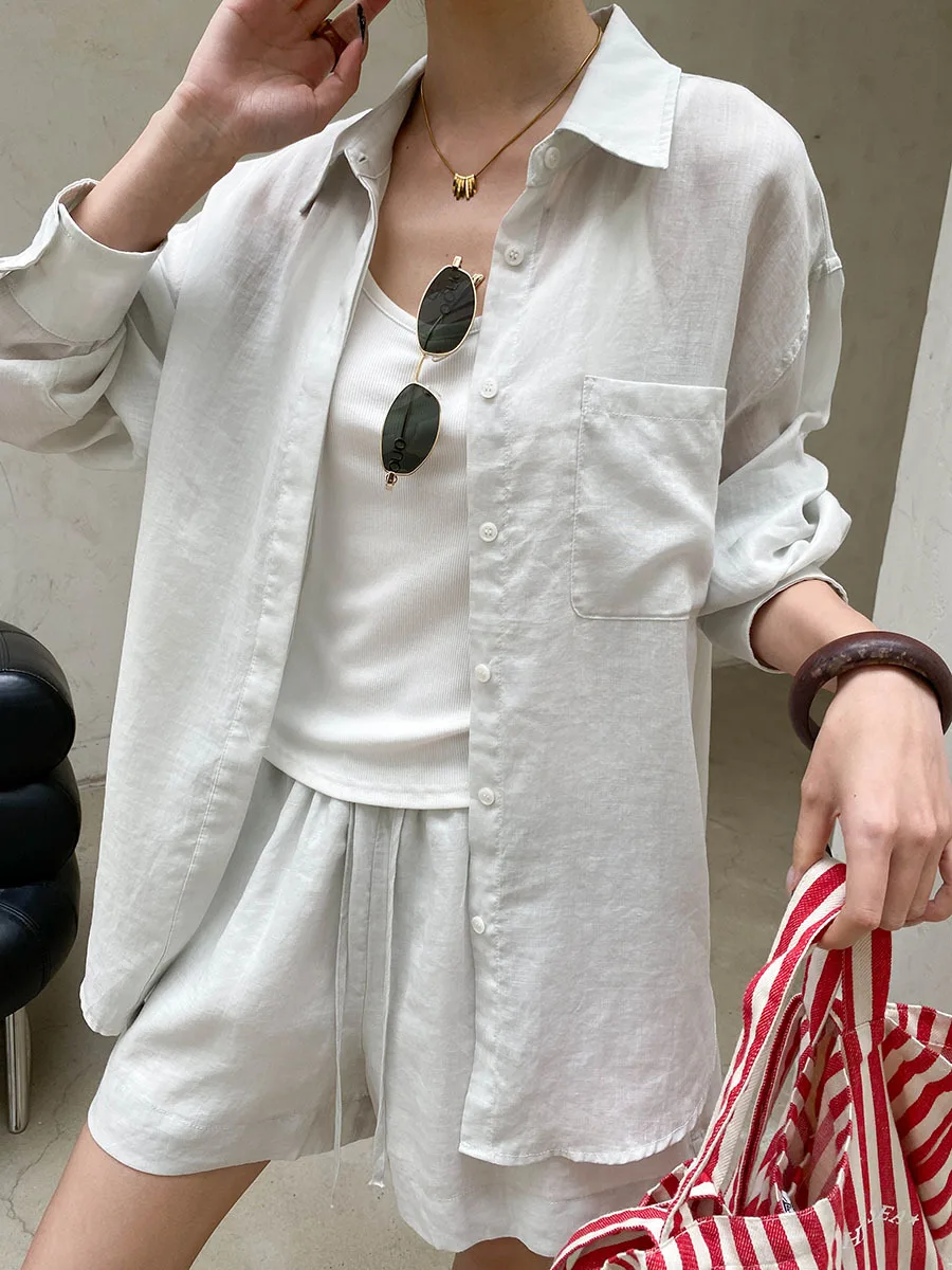 Sommer Damen Casual Einfarbiges Sonnenschutz-Kragen-Langarmshirt mit Kordelzug-Shorts, Lockeres Set – Detail 19