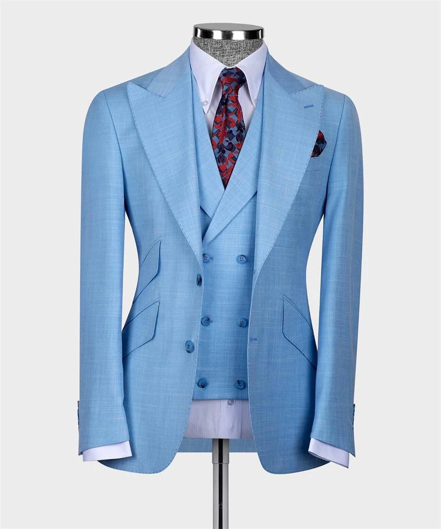 Classic Blue Full Men's Suit 3pcs Blazer Vest Pants Slim Fit Business Wear Formal Wedding Groomsmen Tuxedo Costume homme