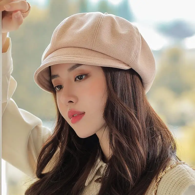 Solid color octagon woman autumn and winter beret Korean version of everything British retro hat woman