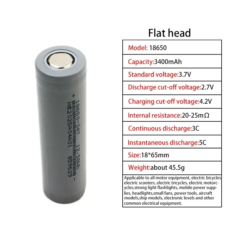 100 Stück neuer 3,7 V 18650 34T Lithium-Ionen-Akku mit wiederaufladbarem 3400-mAh-Akku für Taschenlampen-Elektrowerkzeuge mit starkem Licht