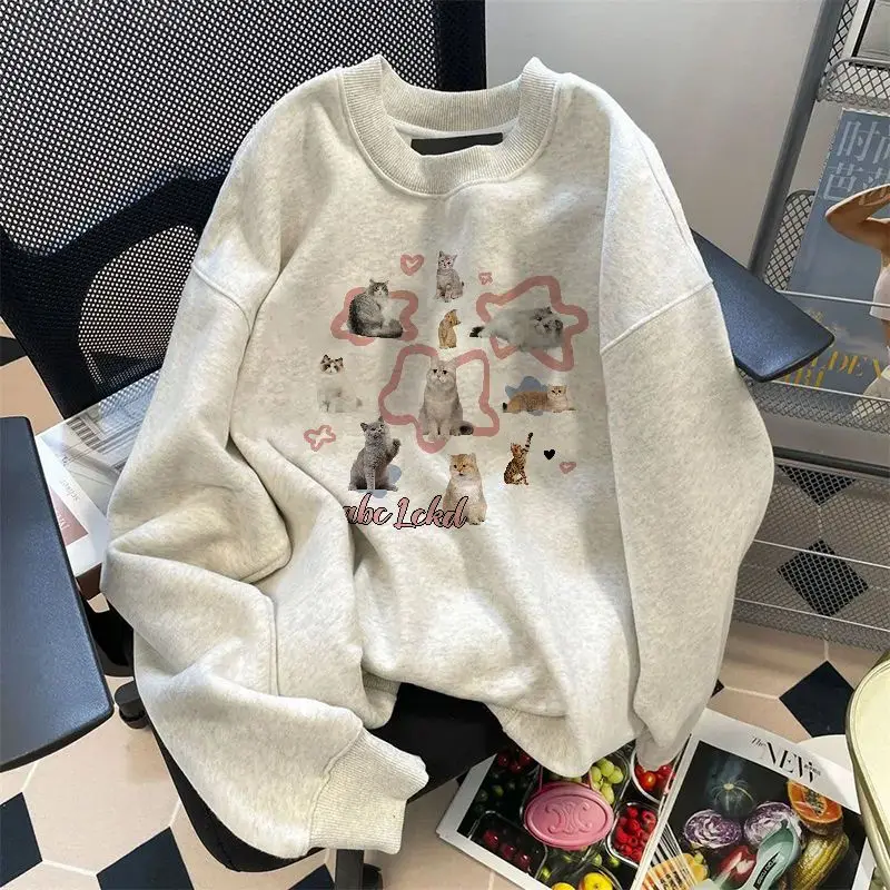 Kawaii Cute Cats Print Y2K Sweatshirt Thick Velvet Winter Autumn Clothes Harajuku Preppy Style Loose Casual Long Sleeve Pullover