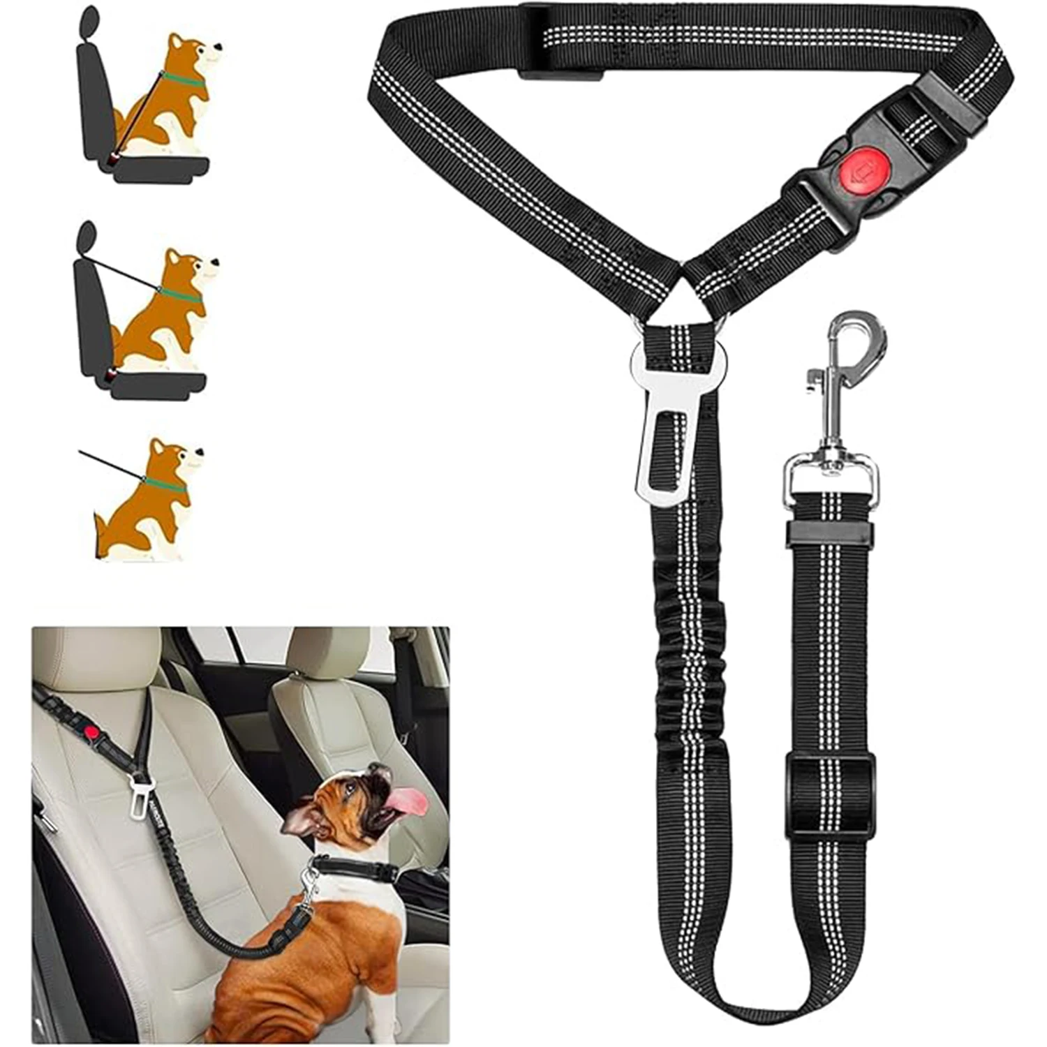 Dual-Use Reflective Dog Car Seat Belt, Adjustable Safety Leash with Shock Absorption view 2