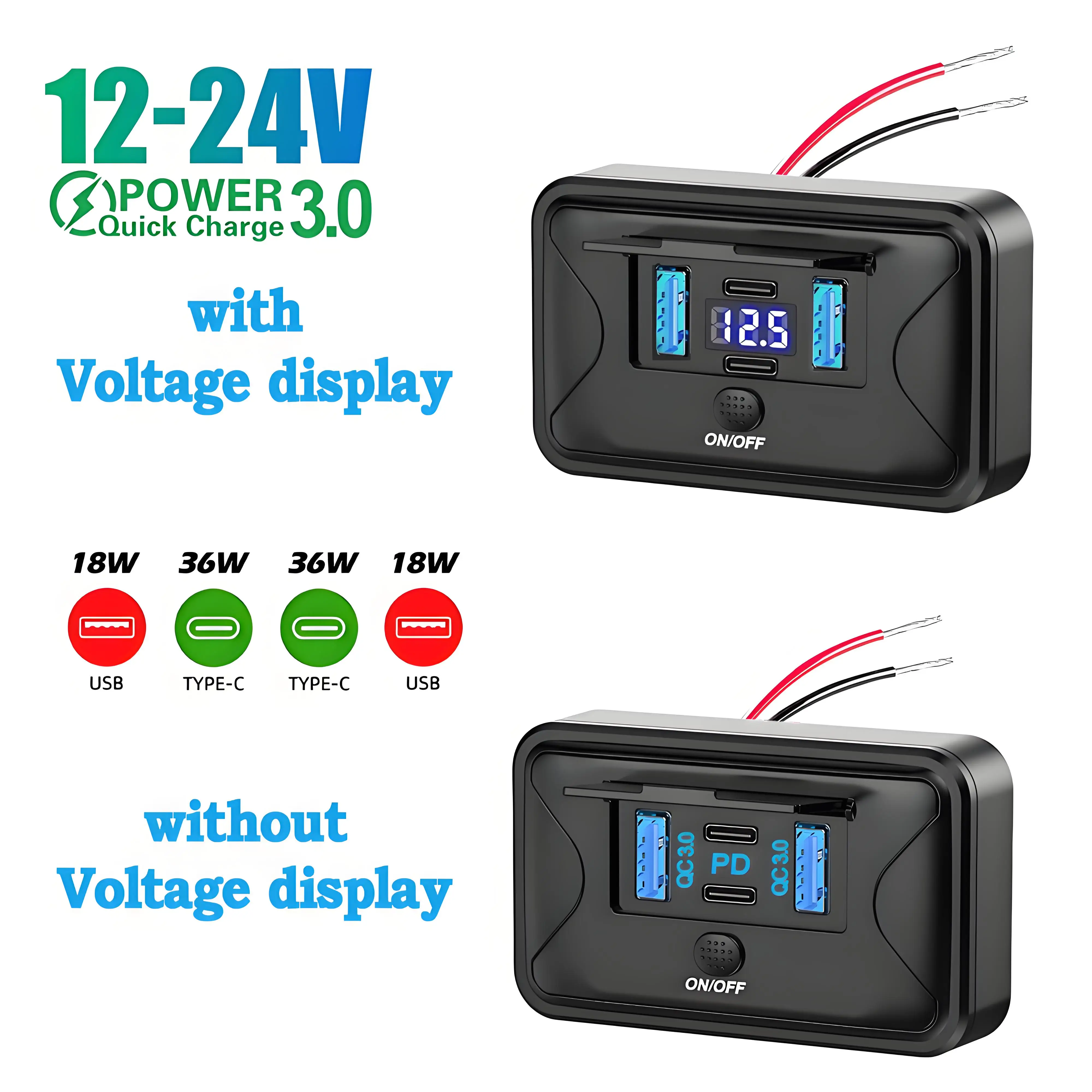 4-Port 12V USB-Ladegerät mit Schnellaufladung, 78W Dual 36W PD & Dual 18W QC3.0 Anschluss, Wandmontage-Panel für Marine, Auto, Bus, LKW, Boot