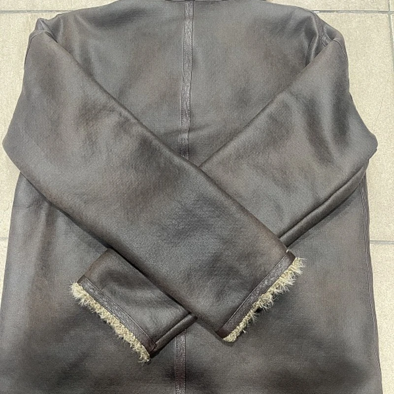 Braune Revers-Kunstpelzjacke, Zwei-Wege-Kleidung, Leder und Pelz-Plüschmantel, warme Pelzjacke aus Kunstwolle, flauschige einreihige Mäntel