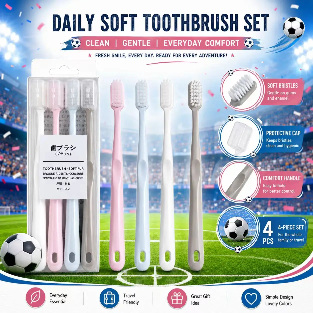 4Pcs Macaron Soft Toothbrushes, Gentle For Gums. Optional 60Pcs Double-ended Toothpicks Box