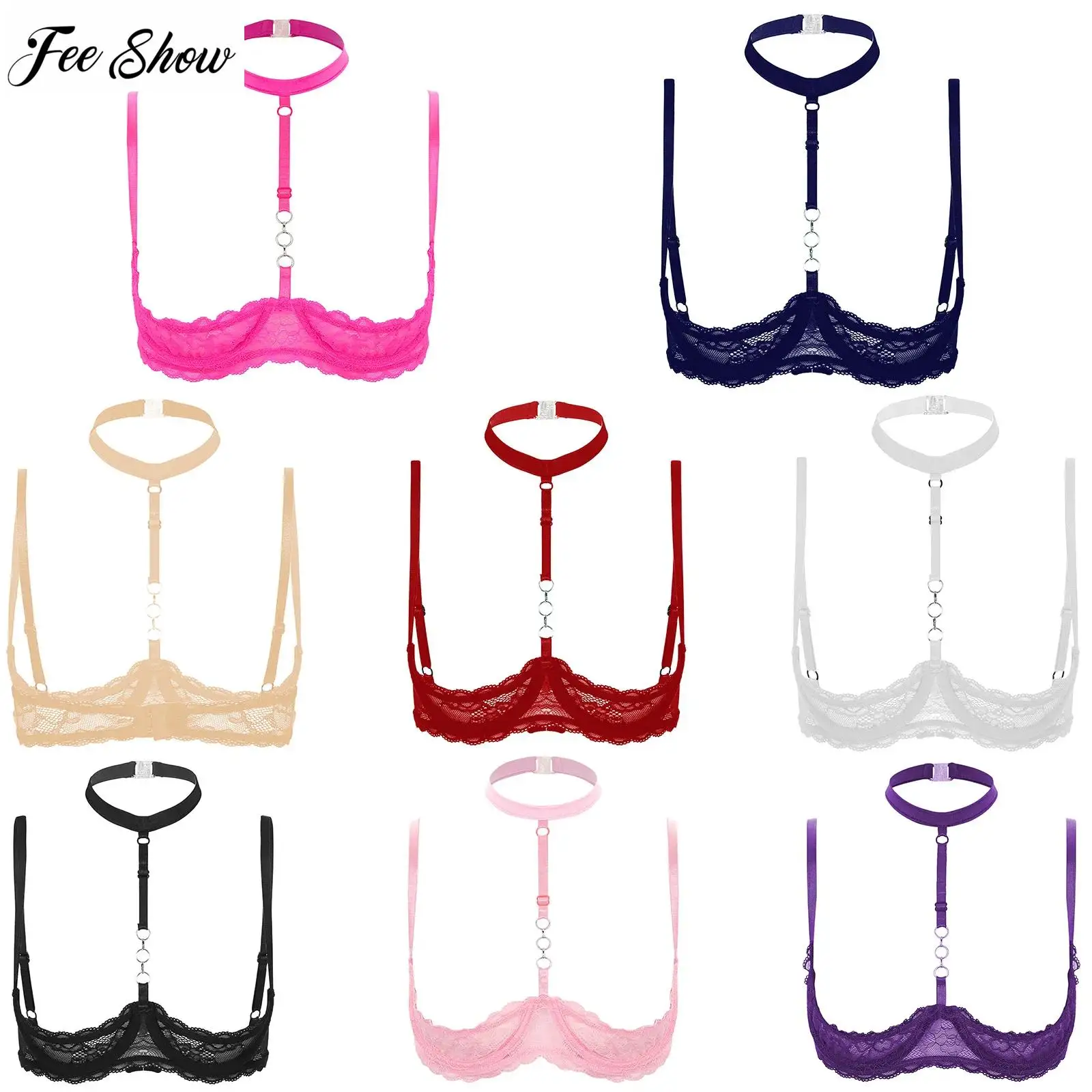 Womens 1/4 Cups Underwire Bra Halter Neck O Ring Sheer Lace Push Up Brassiere Lingerie Underwear