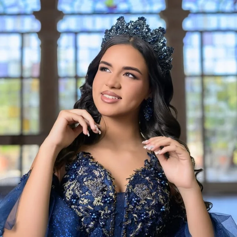 

Customized Shiny dark blue Quinceanera Dresses Off the Shoulder glitter applique Long tail Tull Lace Vestido 15 Quinceanera