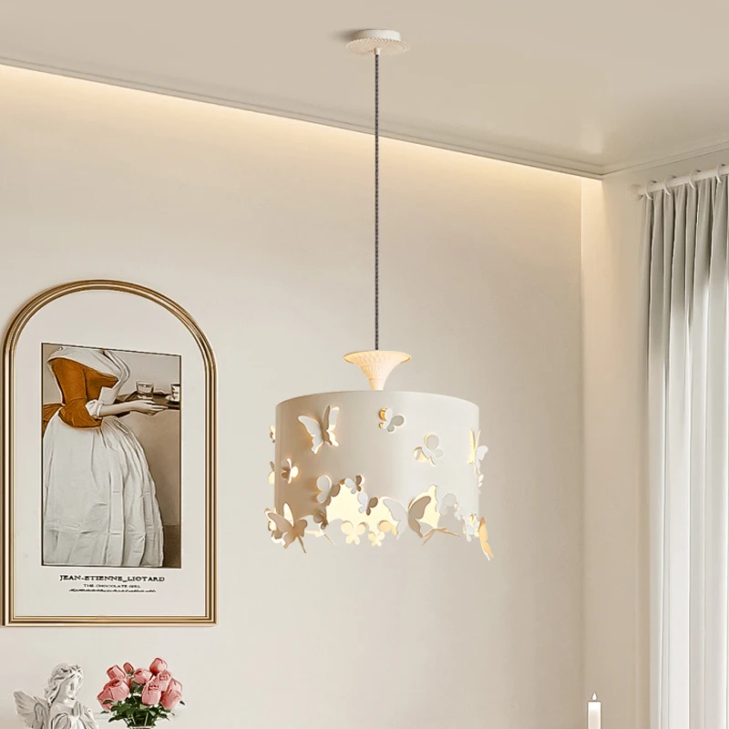French White Rotundity Butterfly Hollow-out Wrought Iron Pendant Lights Living Room Bedroom Restaurant Kitchen LED Hanging Lamps