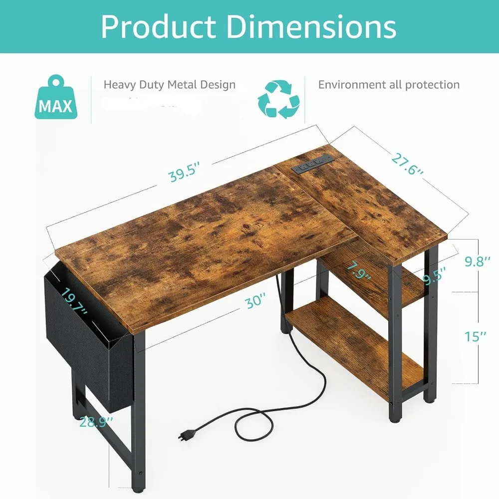 Lufeiya Klein L-Vormig Bureau Met Stopcontact Planken, 40 Inch Hoekbureau Voor Kleine Ruimte Thuiskantoor, L-Vormige Computer