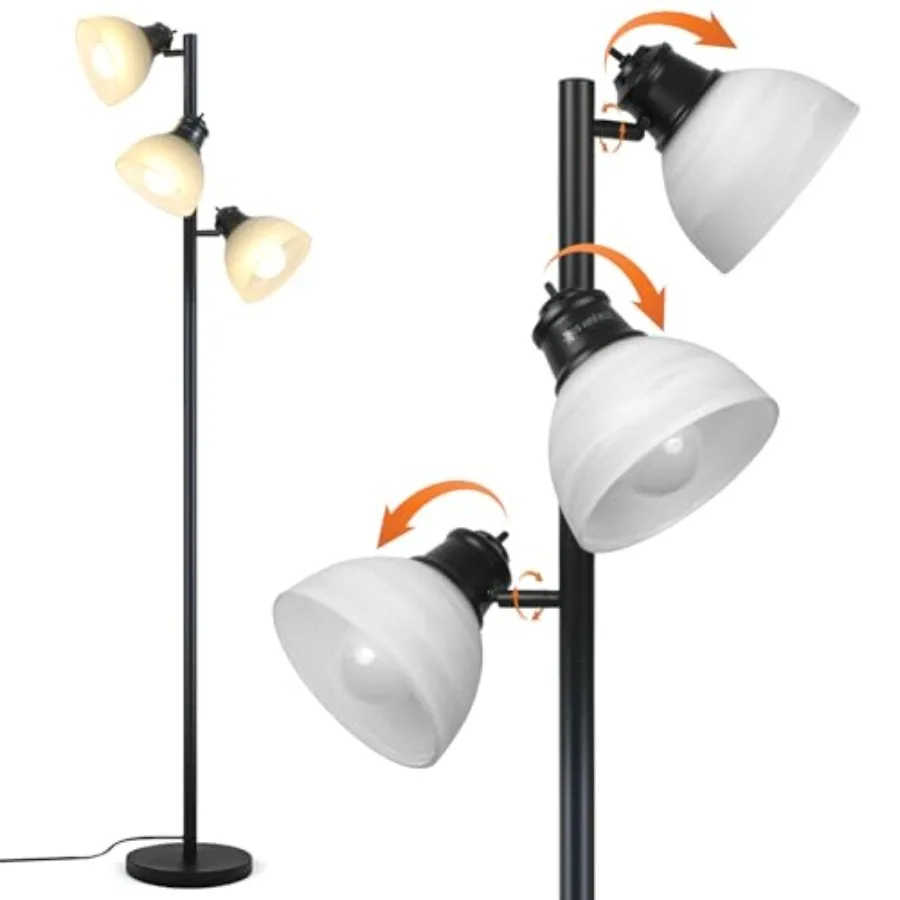 

3 Light Tree Floor Lamp with Glass Shades 3 Bulbs Included Adjustable Black Industrial Standing Lamp for Living Room Bedroom Of
