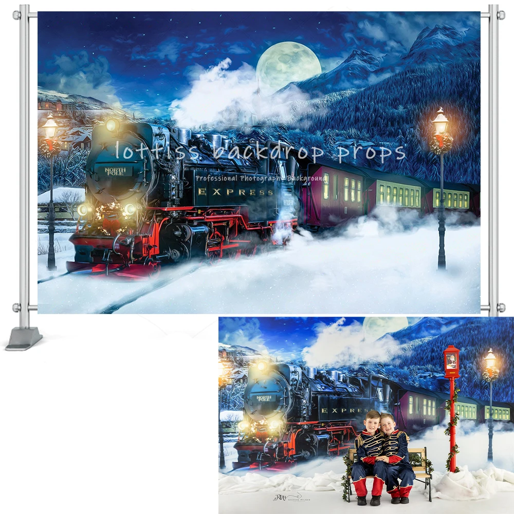 Christmas Polar Express Train Backdrop Snow Forest Big Moon Decor Sleigh Snowflake Birthday Party Family Kids Portrait Backgroun