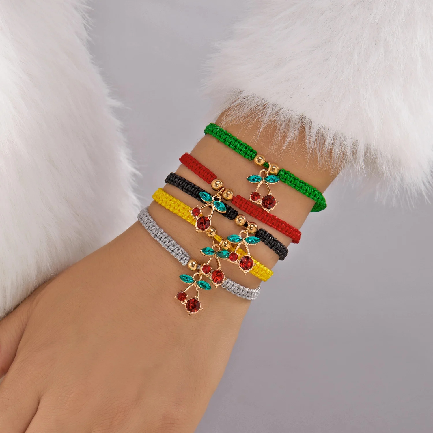 

Cute Rhinestone Cherry Woven Bracelet for Women Lovely Charm Colorful Braided Rope Bracelet Friendship Jewelry Gifts
