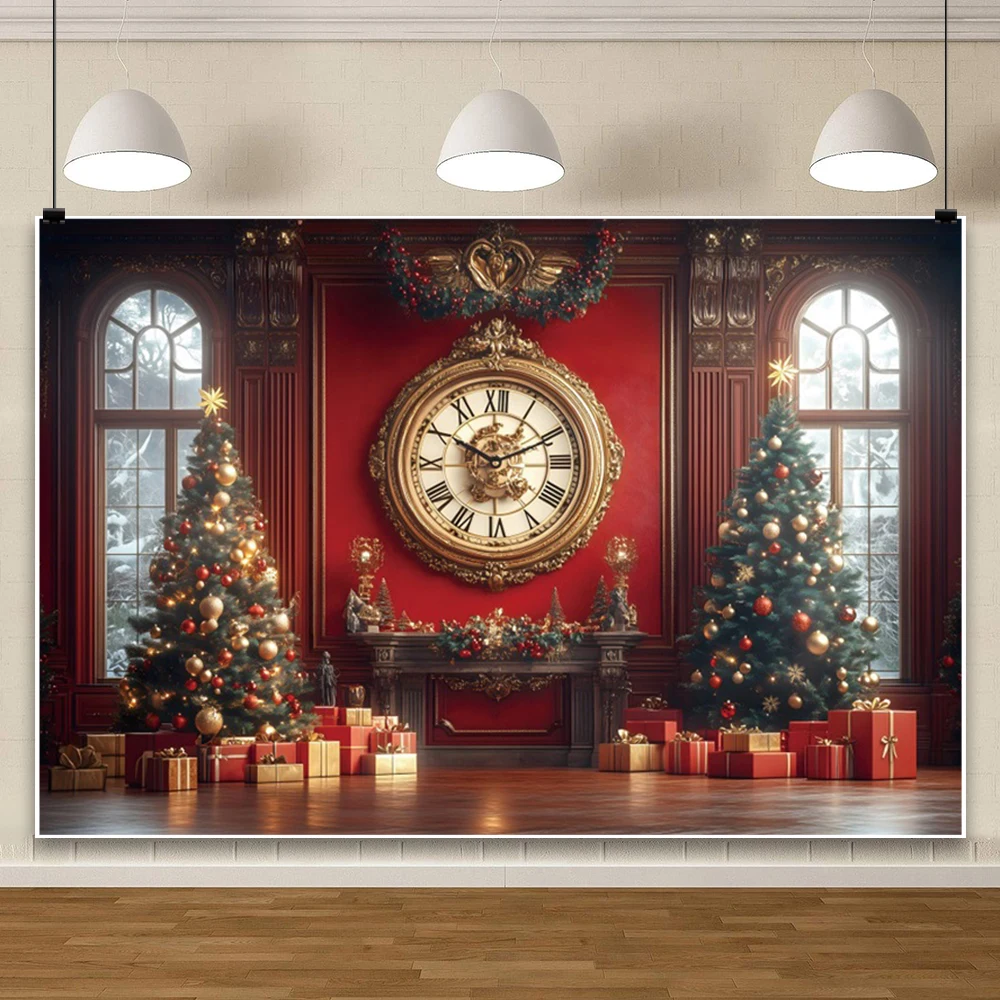 Merry Christmas Clock Photography Background Christmas Tree Gifts Red Background Decoration Family Home Party Photo Studio Props