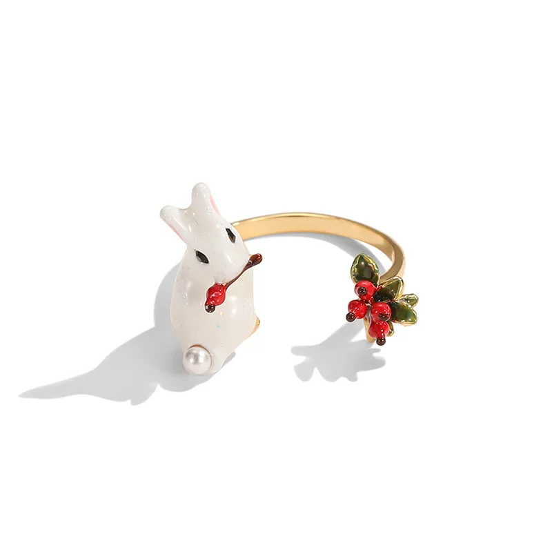 Sweet Fashion Hand-painted Enamel Glaze Stereo Sequin Pearl Bunny Berry Open Adjustable Ring Gold Plated Jewelry Female Y2k Ring