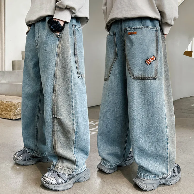 

High Fashion Children Loose Straight Patchwork Jeans For Tweens Boy Hip Hop Denim Pants Spring Fall New Kids Designer Trousers