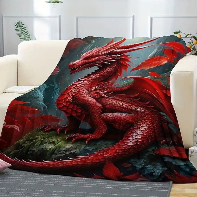 VIKAMA Medieval Red Dragon Print Throw Blanket Soft Flannel Warm Blanket Maple Leaf Forest Sofa Cover Fantasy Dragon Decor Gift