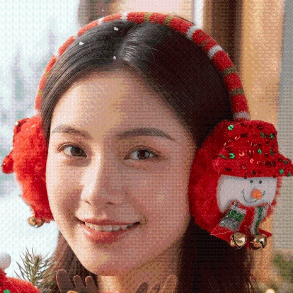 Soft Fabric Christmas Earmuff Bright Red Sequin Detail Cartoon Santa Headband Thick Padding Festive Design
